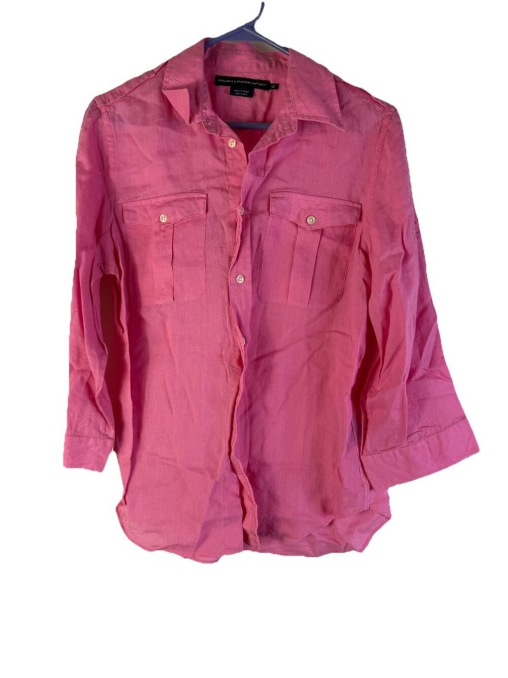 VTG 90s Ralph Lauren Pink Linen Button Pocket Shirt Gauzy Coastal